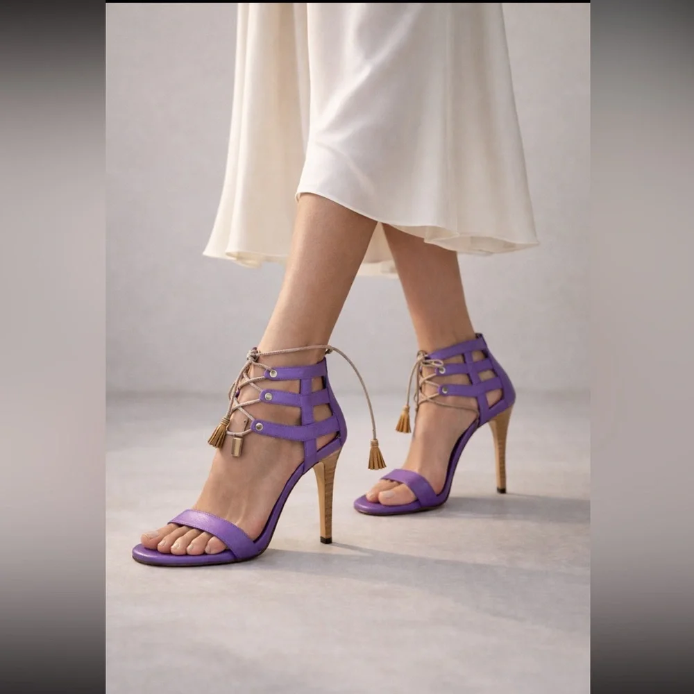 Manolo Blahnik purple strappy tassel original box dust bag shoe Worn Once
